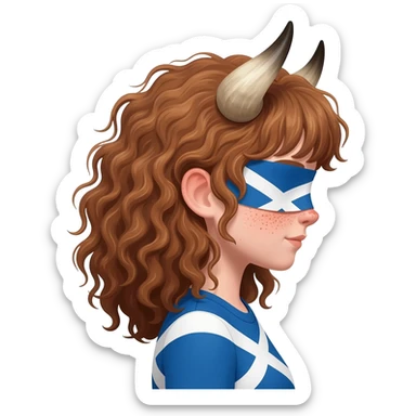 curly girl with freckles with messy light brown bangs covering the eyes with bull horns and bull ears with scottish flag on his shoulders side view sticker