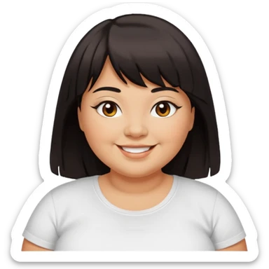 overweight woman with tan skin, black eyeliner, long dark hair with bangs, brown eyes, smiling, white t-shirt sticker