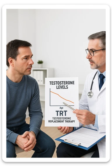 a man in his 40s sits in a doctor’s office, listening attentively as a physician explains TRT (Testosterone Replacement Therapy). The doctor holds a prescription pad and points to an educational chart showing testosterone levels. The mood is professional and informative, with a clean, clinical background. in italiano sticker