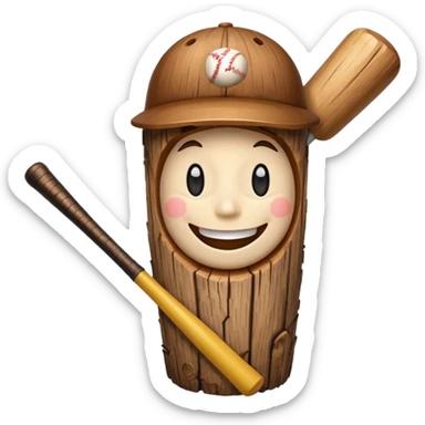 Wood log with a smiling face holding a baseball bat. sticker