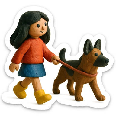 girl with long black hair walking a German Shepherd sticker