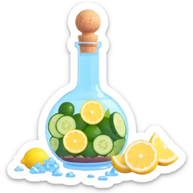 potion bottle with a perfectly round floating bottom, very small cork, very short neck, filled with #00d9ff liquid, inside cucumber slices, lemon slices, ice cubes, edible flower petals, and magical sparkles, soft lighting, transparent glass, clean background, fantasy style sticker