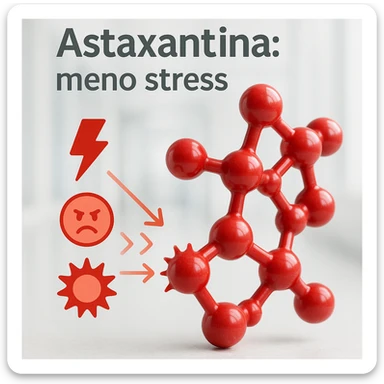 hyper realistic red astaxanthin molecule reducing oxidative stress, absorbing stress symbols, clinical atmosphere, light background, text 'Astaxantina: meno stress' sticker