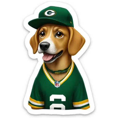 Dog wearing Green Bay packers jersey and hat sticker