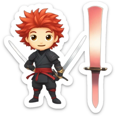 Anime ninja with Red haired young boy with cheeky grin and pointy fluffy hair with a sword in a defense pose sticker