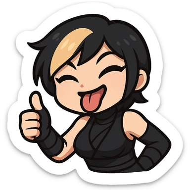 Sexy chibi ninja girl with black short hair and a blonde streak, only head and arms, giving a thumbs up, bold outlines, no mask, making a silly face with tongue out, sized for Twitch emoji use. sticker