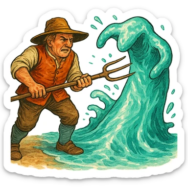 Чуть рисованный, но при этом яркий объемный стиль, голландский крестьянин 18 века с вилами в руках тычет вилами в водный элемент как на картинке, который как море пытается на накрыть, прозрачный фон sticker