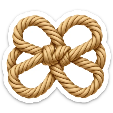 Emoji-style illustration of a neatly tied bowline knot made of natural rope. The knot should form a clean loop with a visible knot structure, rope texture, warm beige and golden tones, isolated on white background, soft shadows, minimal composition. sticker