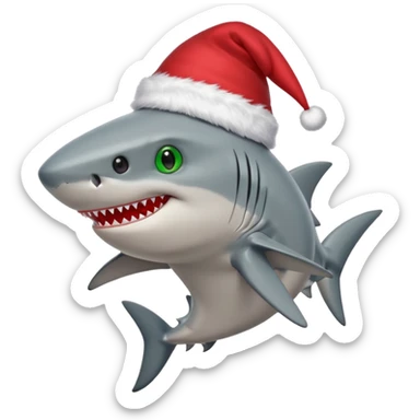Shark with green shoes and red eyes wearing a Christmas hat sticker