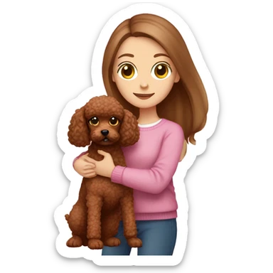 Pretty green eyed white girl with straight long brown hair in a pink sweater holding a brown toy poodle sticker