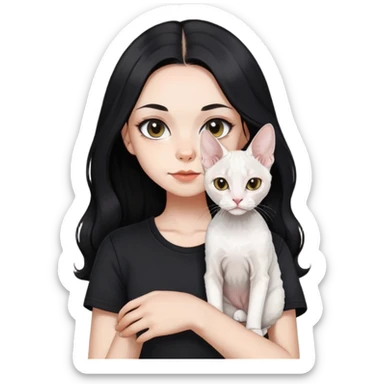 a  girl with black long hair with a white devon rex with black shirt sticker