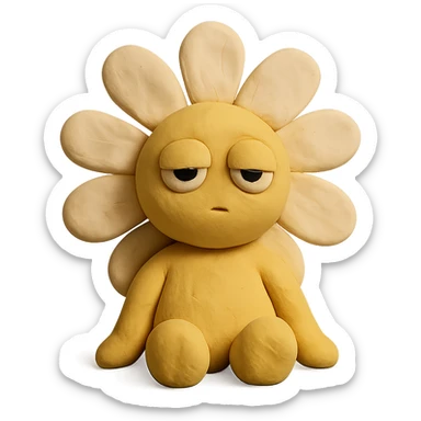 creamy white daisy flower with sleepy half-lidded eyes, sitting down with a blank stare, extremely soft round pastel character, claymation style sticker