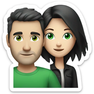 White brunette man with blue eyes hugging white woman with long straight black hair and green eyes sticker