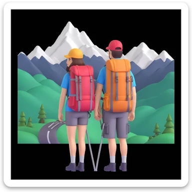 back packer couple posing, mountains in background,   close up pose sticker