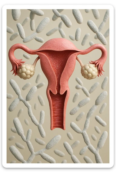 utero umano realistico con batteri della candida intorno, la foto si deve vedere per intero in formato verticale, sullo sfondo neutro chiaro ci sono batteri della candida, iperrealistico 4k sticker