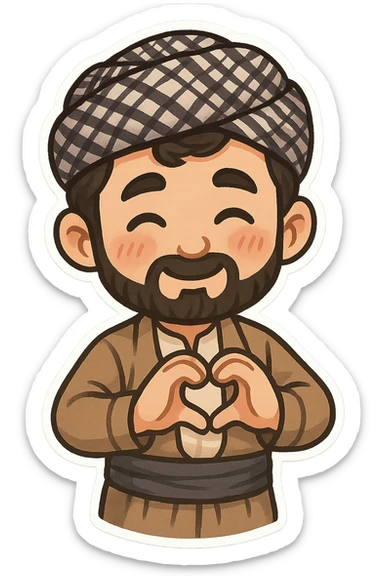 Kurdish man or woman in jamadani, cartoon style, making a heart shape with hands, blushing, no text sticker
