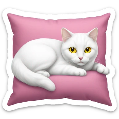 Realistic white cat with yellow eyes laying on pink pillow  sticker