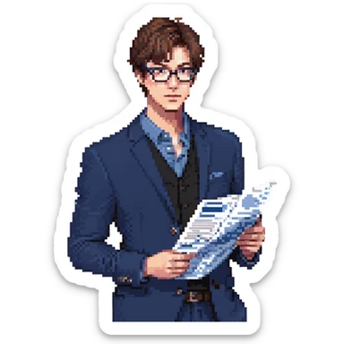 Flat pixel art, focused and reserved male architect, short sleek brown hair, wearing glasses, intense sharp eyes, wearing a deep indigo suit jacket over a black shirt, holding a blue print, waist-up, front-facing sticker