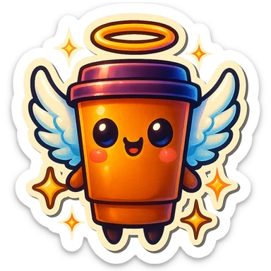 Tall coffee cup, shiney eyes, angel halo, wings, star sparkles sticker