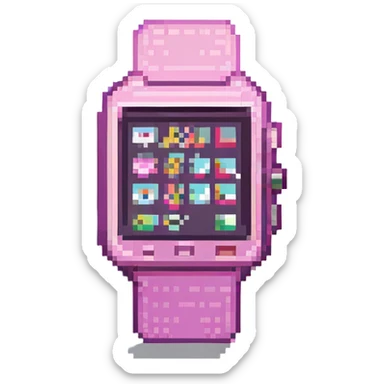pink smart watch, pixel art style, retro and blocky sticker