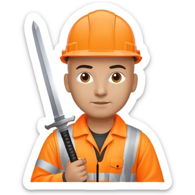 Bald Telecoms engineer in orange hi vis with white hard hat and sword sticker