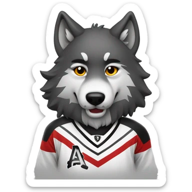 A wolf plays hockey in a black and white red uniform with a wolf emblem on his chest sticker