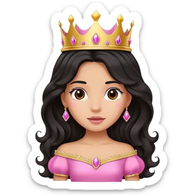 Very tanned princess, with long black wavy hair and a crown, a pink princess Outfit with a cute expression sticker