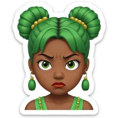 Create a 3D cartoon-style girl character with dark skin, round face, angry expression, big wide eyes, and tightly styled double buns made of green beaded hair. The girl should look irritated, eyebrows sharply angled, and lips pressed in a frown. sticker