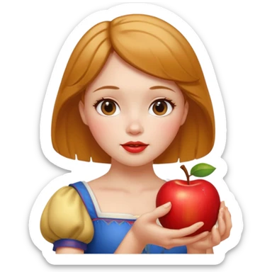 Create an emoji of Snow White holding a red apple, with short golden-brown hair. sticker
