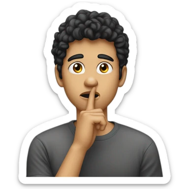 Rational thinking young man with putting finger on mouth, black hair sticker