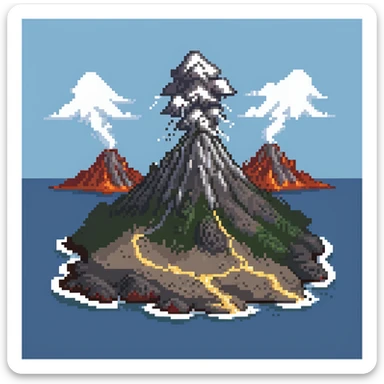 Volcanic island with multiple erupting peaks and ash clouds sticker