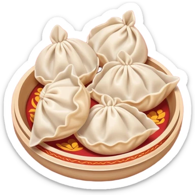 Chinese New Year dumplings Jiaozi with red background elements, simplified emoji style with bold outlines and bright colors, cartoon style festive food sticker
