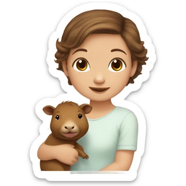 happy little baby gorl girl with brown hair holding capybara  sticker