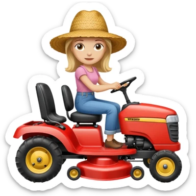 White woman without glasses wearing a straw hat, on old Westwood ride on lawn mower.  sticker