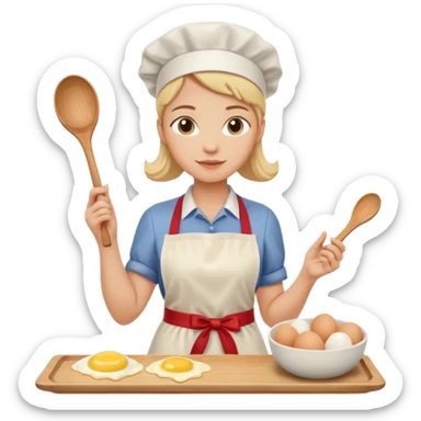 A carton of eggs, butter and a cream ceramic baking bowl with a wooden spoon in it sticker