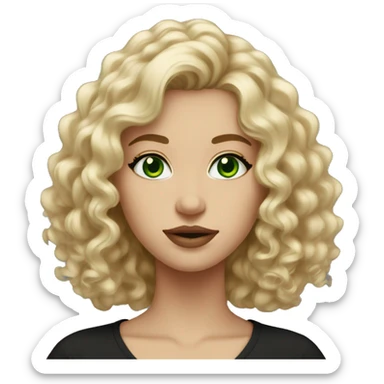 Woman blonde curly medium length hair, green eyes, neutral lips black shirt sticker