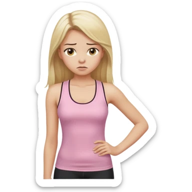 Create a young woman with long blonde hair, golden eyes, and medium-light skin tone, wearing a light pink tank top and leggings. She should be in portrait mode, but with a subtle doubting facial expression—slightly raised eyebrow, small frown, .  and her hand next to her chin like this emoji 🤔 sticker