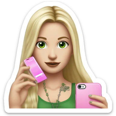 Realistic White girl with Long straight blonde hair, green eyes, tattoos, full body wearing white crop top, holding pink phone sticker