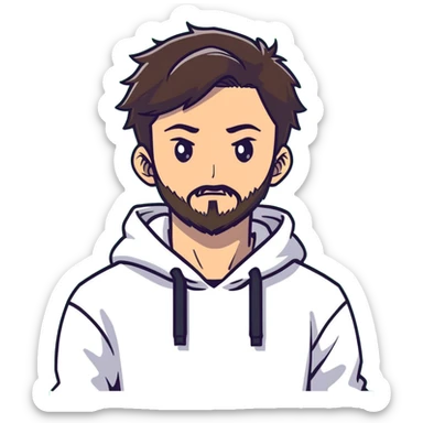 anime style man with short full beard, dark brown undercut hairstyle, white hoodie, and green eyes sticker
