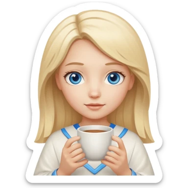 angelic blonde girl with middle length hair and blue eyes holds a cup sticker