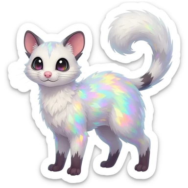 realistic  opal-bloom pearl-white fur blooming with rainbow firefly shimmer beautiful elegant pretty precious cute  Fakémon-Pokémon-opossum-feline-serval-caracal-chinchilla-Furret-Minccino-hybrid-creature with a big fluffy bushy tail (full body) sticker