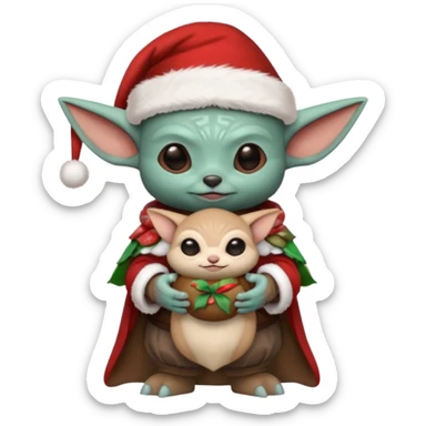 mandalorian holding grogu wearing santa hat sticker