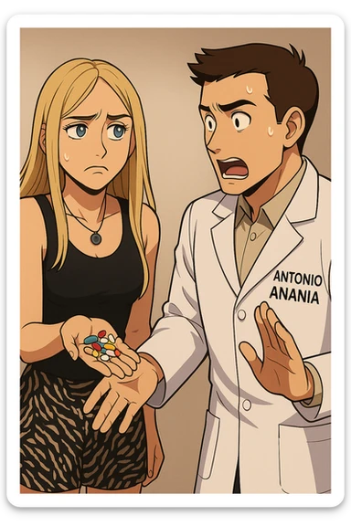 fai un webtoon/manga a colori con questo kinesiologo in camice bianco (fagli la scritta "ANTONIO ANANIA" SUL CAMICE) CHE PARLA CON QUESTA RAGAZZA CON GLI OCCHI AZZURRI. LA RAGAZZA HA UN PUGNO DI INTEGRATORI IN MANO (TANTE PILLOLE DIVERSE) E LE GUARDA DUBBIOSA. IL KINESIOLOGO CON IL CAMICE BIANCO LE DOMANDA UNA COSA SCIOCCATO. NON FARE I FUMETTI, FAI SOLO LORO COME SE DIALOGASSERO sticker