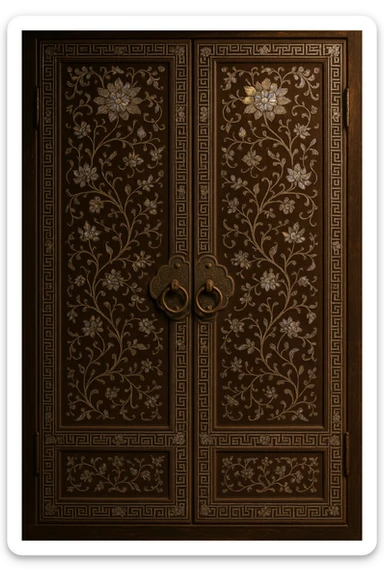 traditional Korean door decorated with mother-of-pearl, sparkling mother-of-pearl pieces and lacquerware patterns, antique and elegant feeling sticker