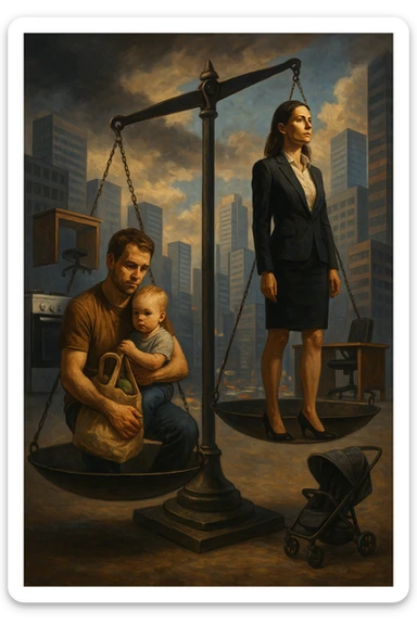Scena metaforica: una bilancia sociale sbilanciata, con un uomo seduto da un lato con un bambino in braccio e una borsa della spesa, mentre una donna in carriera in abiti formali guarda lontano con espressione determinata. Intorno a loro, simboli confusi dei ruoli tradizionali (fornello, scrivania, passeggino, ufficio). Sullo sfondo, una città moderna e caotica. L’atmosfera è riflessiva, non giudicante. Luci contrastate, come a simboleggiare tensione culturale. in italiano sticker