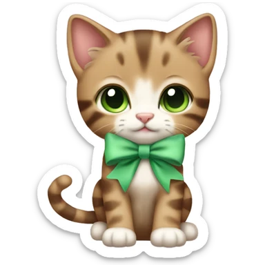 extremely cute kawaii brown tabby kitten with green eyes and pastel green bow full body sticker