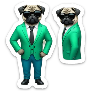 dog pug-in-gradient-green-blue-suit-with-and-black-sunglasses-standing-with-black-shoes sticker