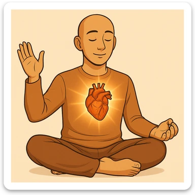 Person is meditating and his heart is glowing and shining, general style, with a real organ heart form, different poses sticker