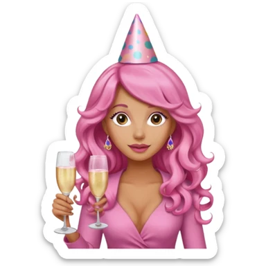 One lady with long pink curled hair and tan skin holding a glass of  pink champagne in each hand sticker