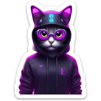 funny cat wearing a black hoodie with "OMG" letters on it and VR headset in a cyberpunk VR environment with violet neon lighting. sticker